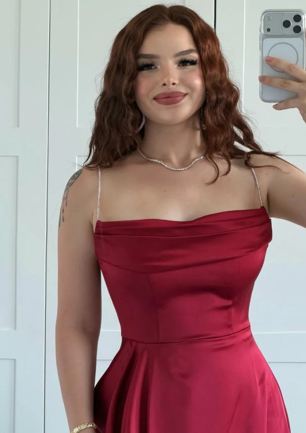 Elegant Burgundy A Line Spaghetti Strap Satin Slit Long Prom Dress Evening Dress SH7307