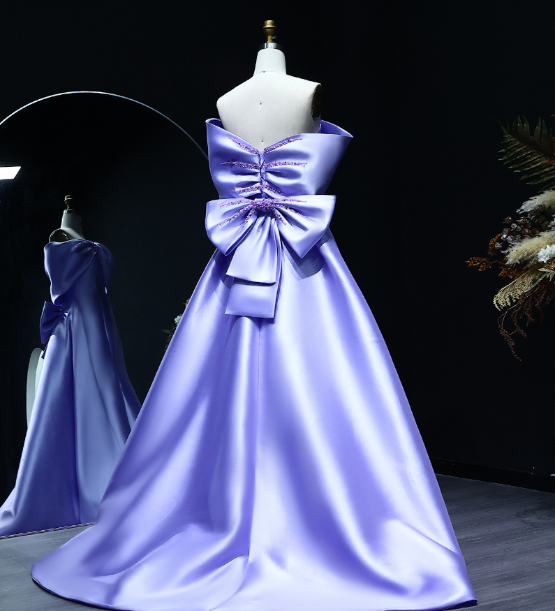 Elegant A Line Off the Shoulder Lilac Beaded Satin Prom Dress Evening Dress with Bow SH2398