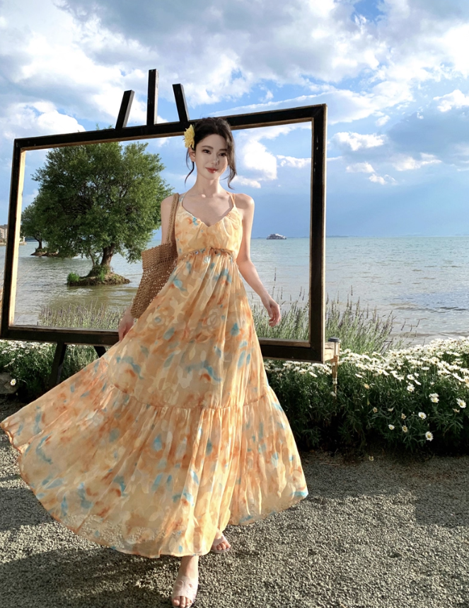 Flowy A Line Spaghetti Strap Floral Yellow Chiffon Prom Dress Vacation Dress SH4138