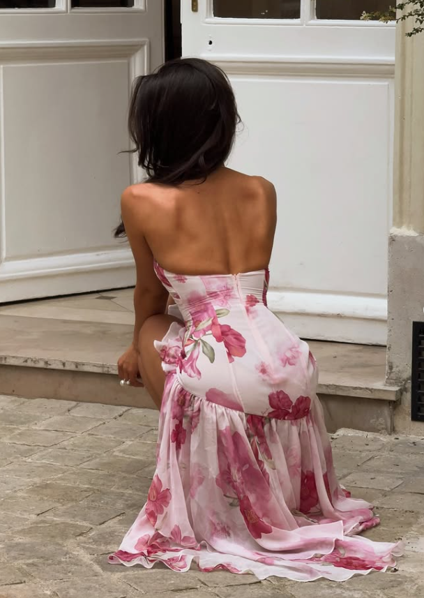 Pink Print Floral A Line Straps Ruffle Chiffon Prom Dress Party Dress SH4020