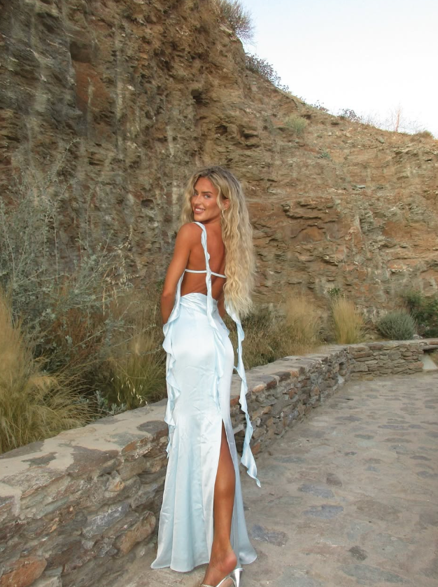 Baby Blue Mermaid Ruffle Straps Satin Long Prom Dress Vacation Dress Party Dress SH4006
