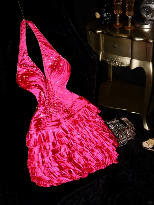 Barbie Pink Cute A Line Halter Beaded Layered Satin Short Homecoming Dress Party Dress SH3049