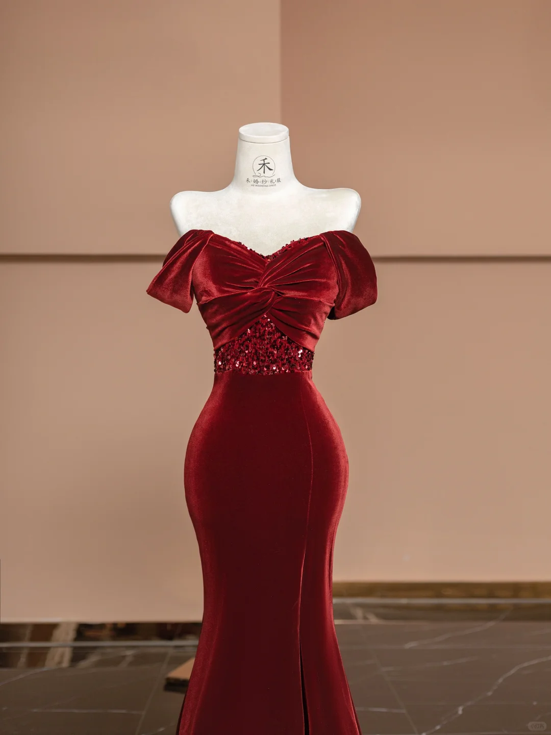 Burgundy Mermaid Off the Shoulder Sequin Velvet Long Prom Dress Party Dress SH4369