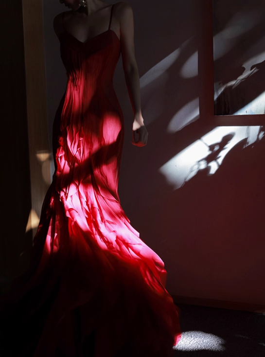 Stunning Burgundy Mermaid Spaghetti Strap Layered Chiffon Prom Dress Party Dress Date Dresses SH4159