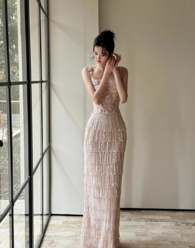 Exquisite Sheath Spaghetti Strap Beaded Tulle Prom Dress Evening Dress Party Dress SH4091