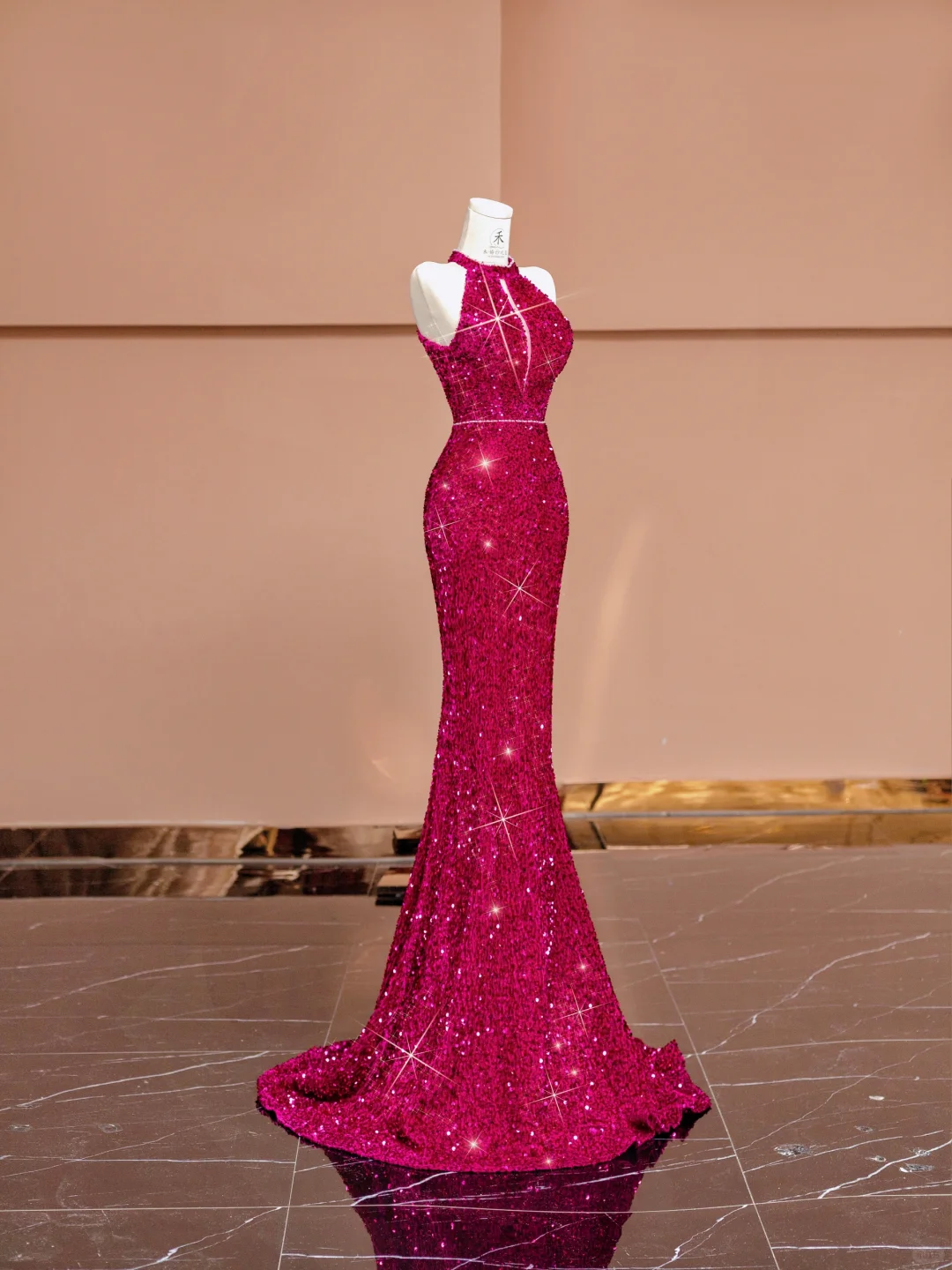 Barbie Pink Mermaid Halter Sequin Open Back Long Prom Dress Party Dress SH4363