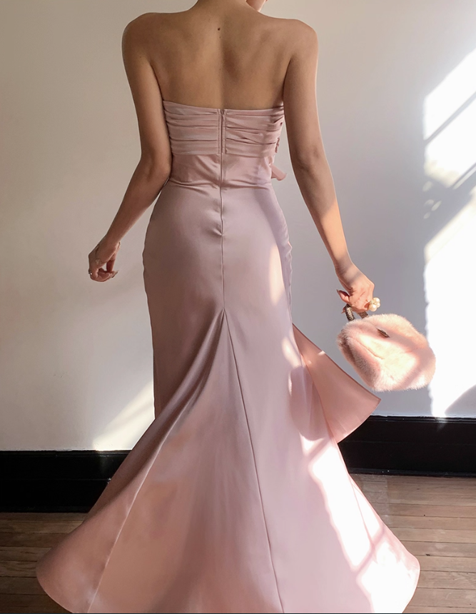 Romantic Mermaid Sweetheart Neck Pink Satin Long Prom Dress Party Dress Date Dresses SH4157