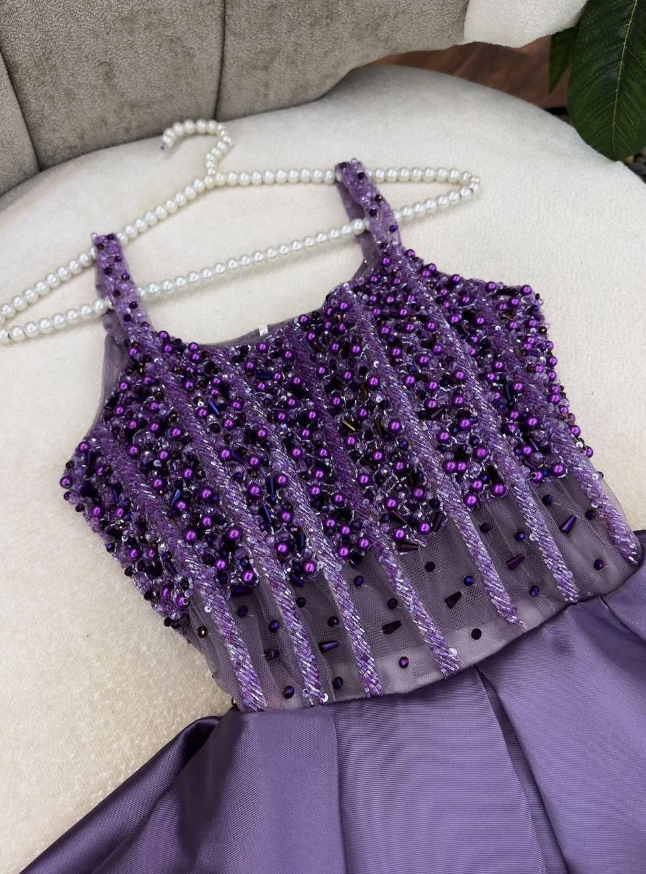 Purple A Line Spaghetti Strap Beaded Pearls Satin Long Prom Dress Evening Dress SH2265