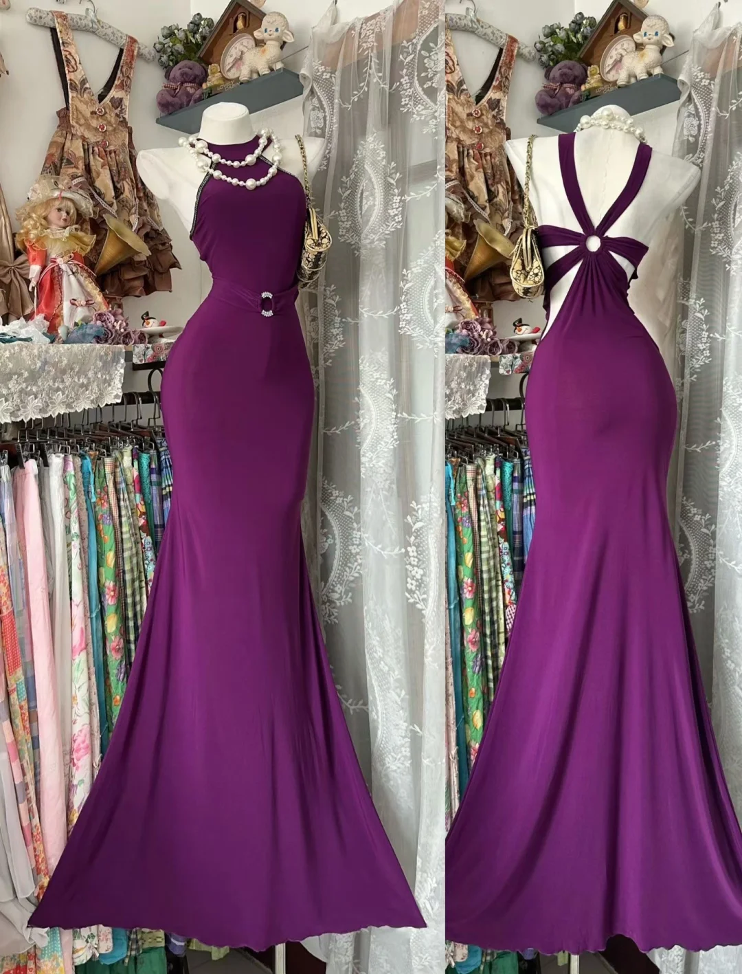 Vintage Simple Mermaid Halter Satin Backless Prom Dress Evening Party Dress SH5676