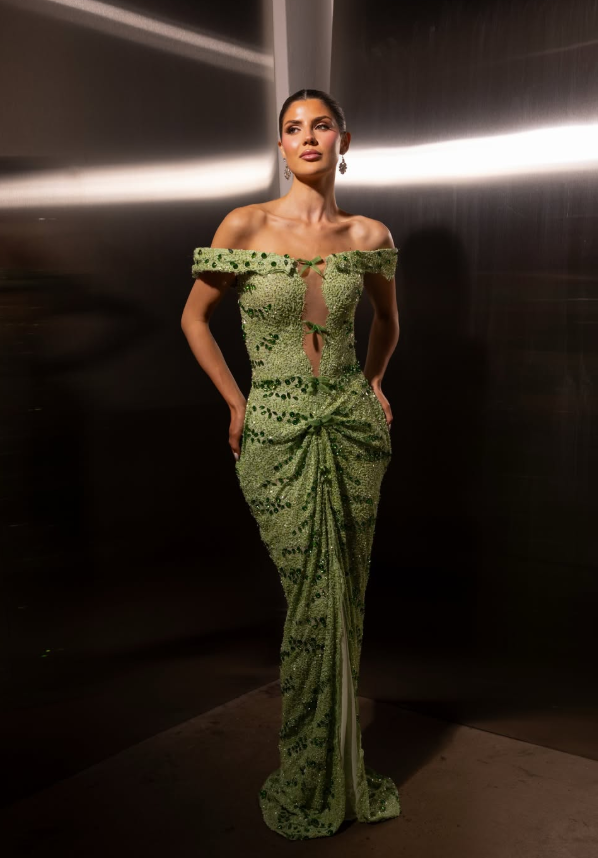 Stunning Green Sheath Off the Shoulder Rhinestone Lace Prom Dress Evening Dress SH6550