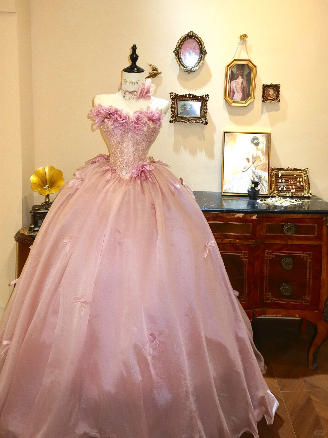 Sweety Pink Ball Gown Strapless Floral Satin Long Prom Dress Evening Dress SH7412
