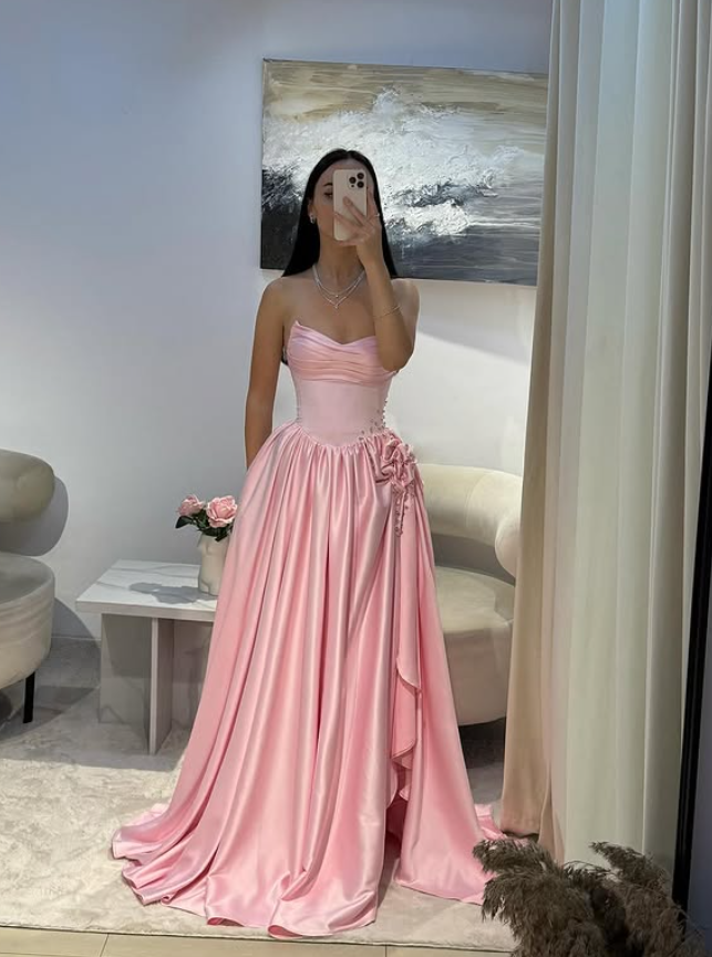 Pink A Line Sweetheart Neck Pleated Satin Prom Dress Wedding Guest Dress with Slit SH4439