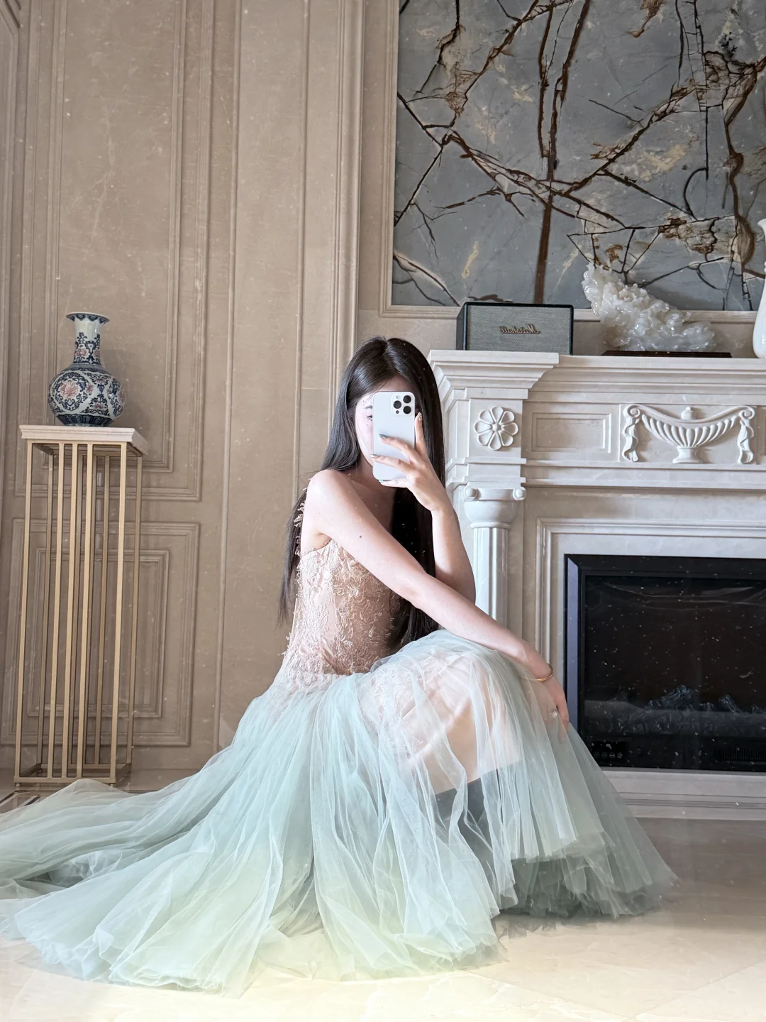 Stunning A Line Spaghetti Strap Brown Lace Green Tulle Prom Dress Evening Dress SH3012