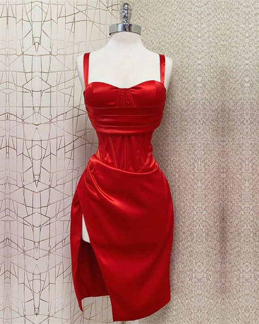 Red Sweetheart Neckline Slit Homecoming Dress Midi Prom Dress  SH754