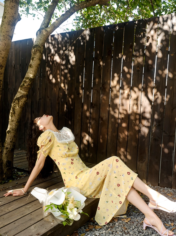 Cute A Line Puff Print Floral Lace Yellow Chiffon Summer Dress Party Dress Outfits SH4175