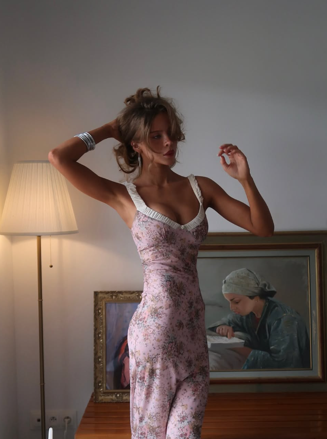 Retro Pink Print Floral V Neck Chiffon Long Outfit Party Dress 16 Birthday Dress SH3516