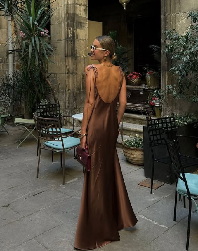 Simple Brown A Line Spaghetti Strap Satin Open Back Prom Dress Wedding Guest Dress SH4448