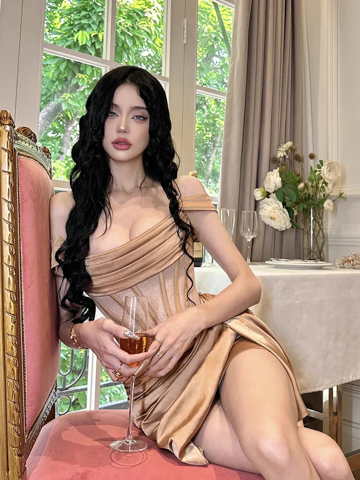 Sexy Sheath Off the Shoulder Corset Brown Satin Homecoming Dress Cocktail Dress SH3188