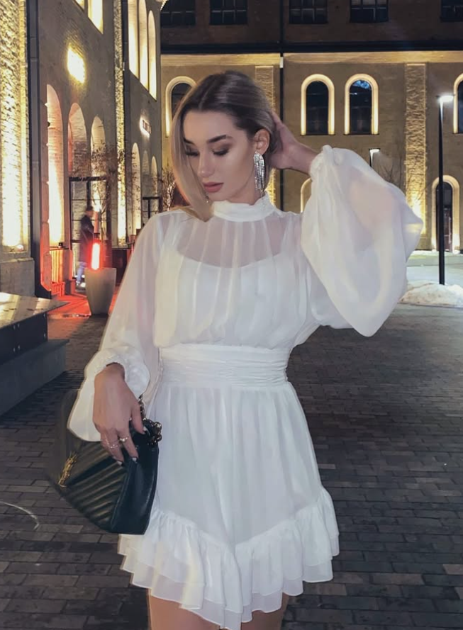 Simple A Line Round Neck Long Sleeve White Chiffon Short Homecoming Dress Outfits SH3561
