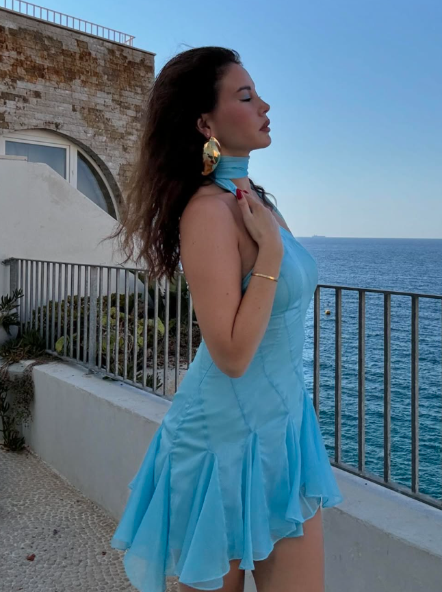 Flowy Blue A Line Halter Chiffon Mini Homecoming Dress SH3282