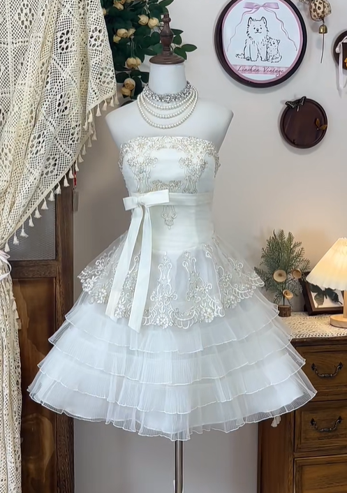 Vintage A Line Strapless Appliques Layered Bow Organza Short Homecoming Dress Cocktail Dress SH3001