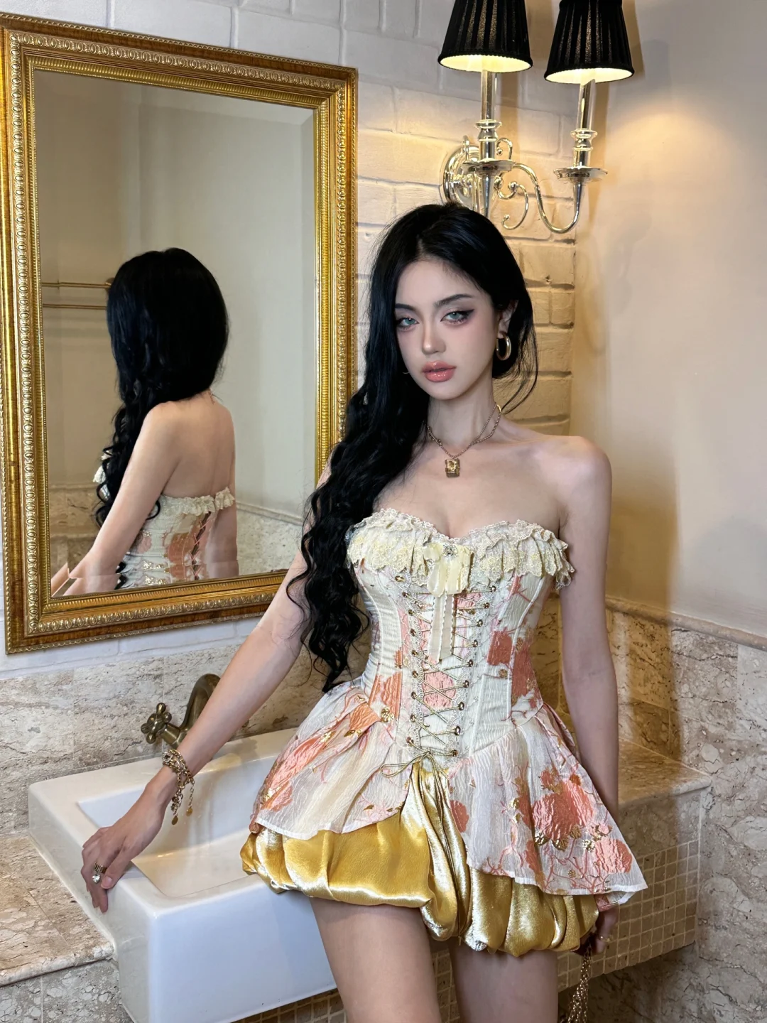 Golden A Line Sweetheart Neck Lace Satin Short Prom Dress Homecoming Dress SH4461