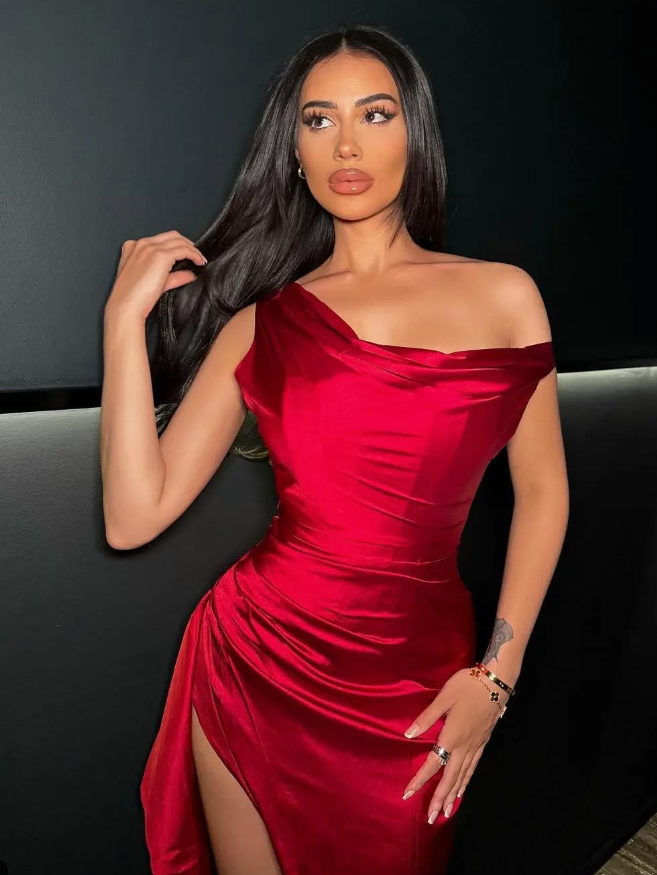 Charming Sheath Off the Shoulder Red Satin Prom Dress Evening Dress with Slit SH2280