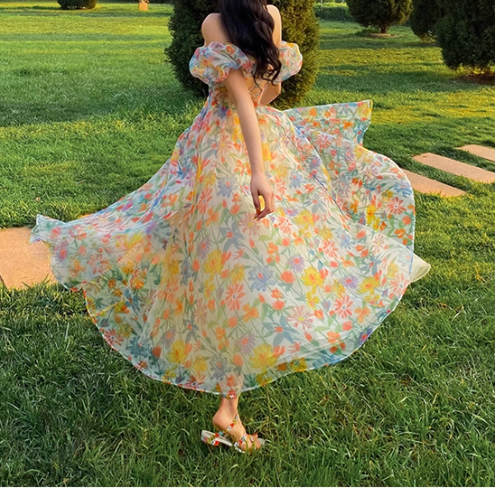Unique Print Floral A Line Off the Shoulder Chiffon Long Prom Dress Party Dress SH4034