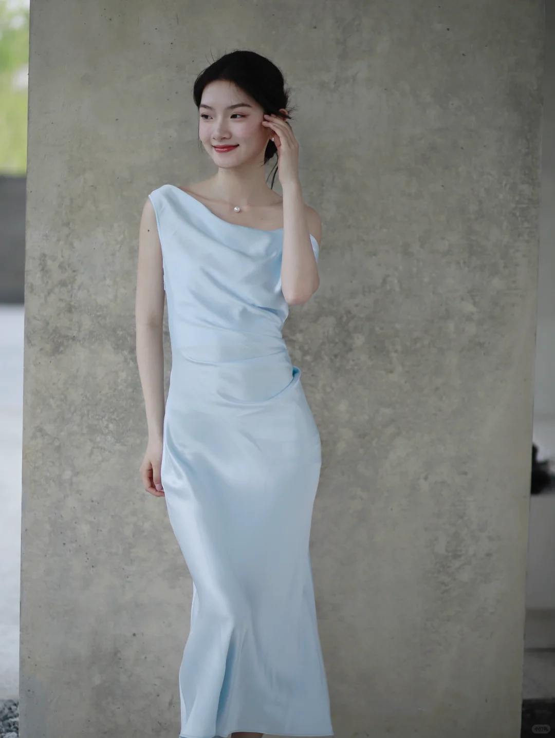 Gentle Baby Blue Sheath Straps Pleated Satin Prom Dress Evening Dress SH4215