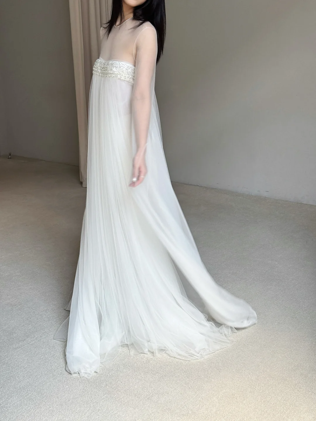 White A Line Long Sleeve Beaded Flowy Tulle Prom Dress Evening Dress SH4277