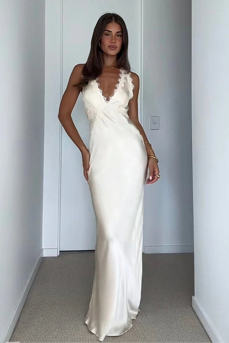 Trendy Sheath Deep V Neck Ivory Long Party Dress with Lace SH8288