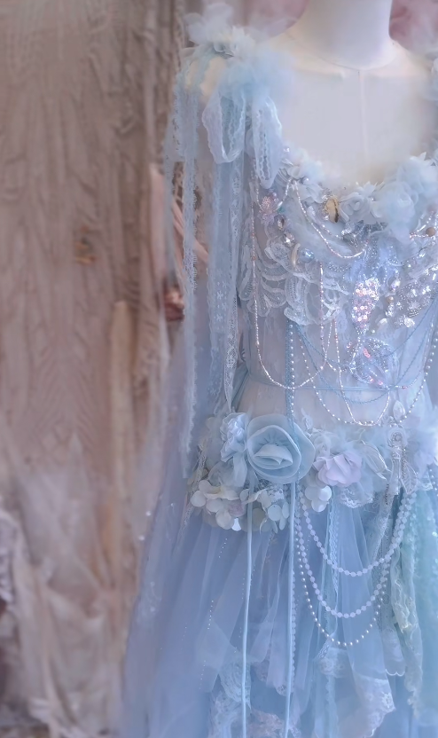 Baby Blue A Line Straps Floral Beaded Tulle Short Prom Dress 16th Birthday Dress SH4263