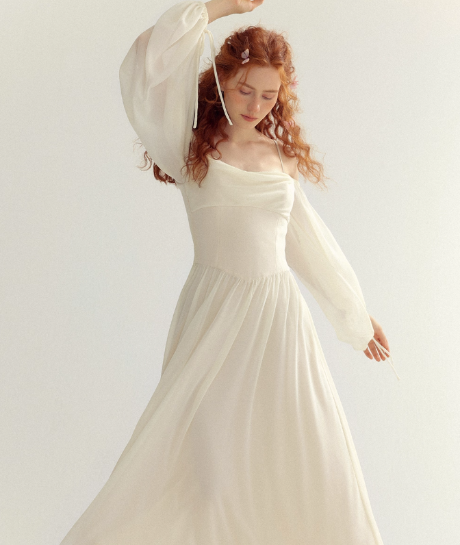 Ivory Gentle A Line Long Sleeve Chiffon Long Prom Dress Party Dress Outfits SH4149