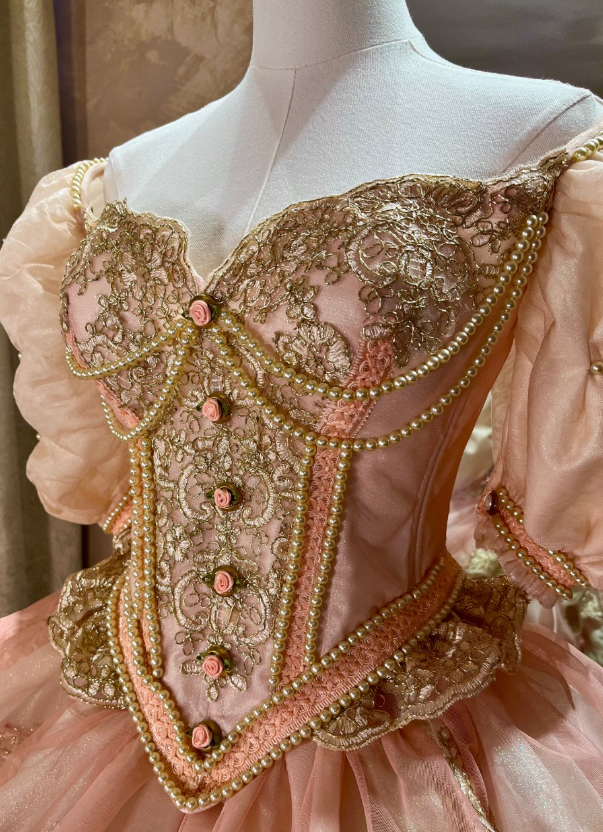 Pink Ball Gown Puff Layered Lace Beaded Satin Quinceanera Dresses SH4872