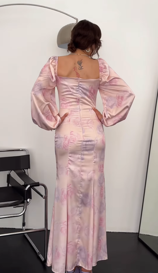 Pink Mermaid Long Sleeve Print Floral Satin Long Prom Dress Party Dress SH4847