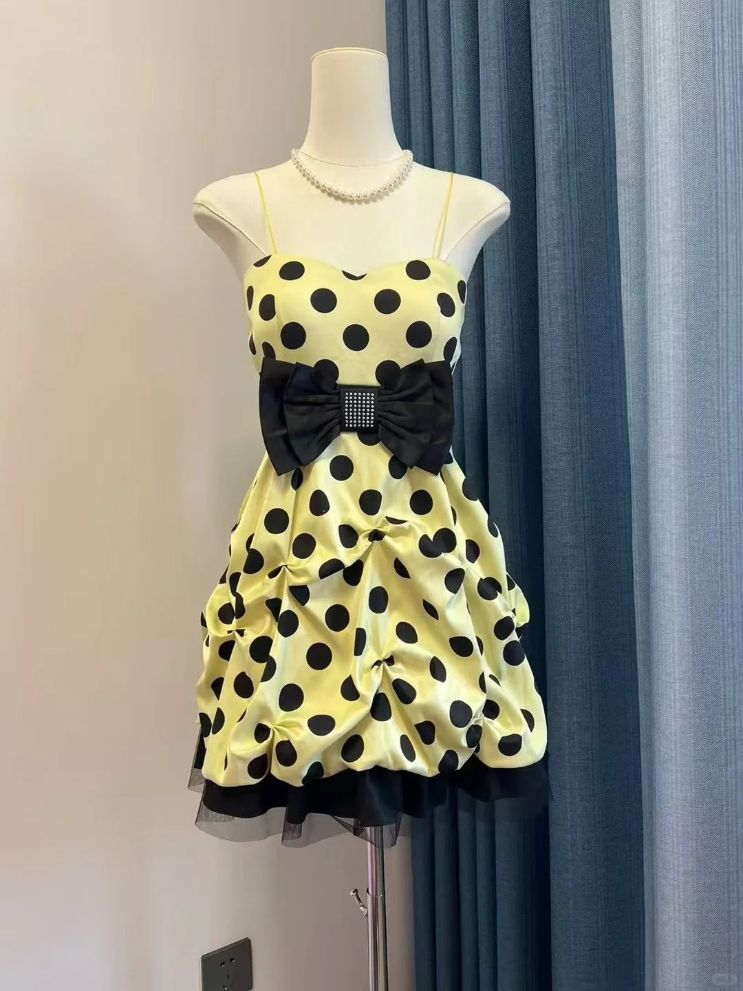 Cute A Line Spaghetti Strap Polka Dot Yellow Satin Short Homecoming Dr shinydress Cute A Line Spaghetti Strap Polka Dot Yellow Satin Short Homecoming Dr shinydress