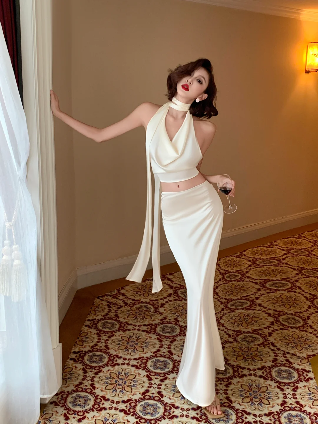 Two Piece Mermaid Halter Satin Open Back Long Prom Dress Vacation Dress SH4317