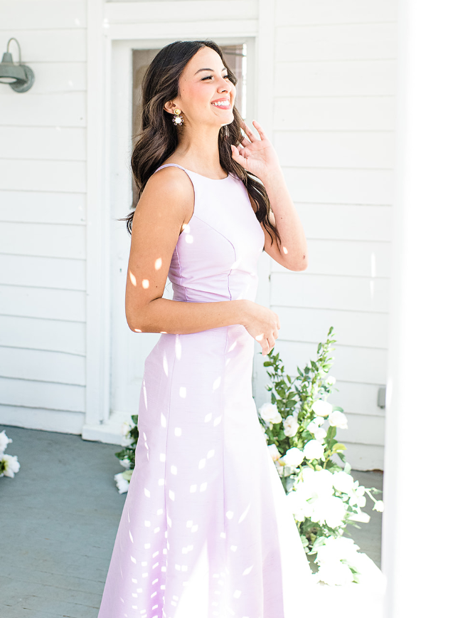 Elegant Lilac A Line Round Neck Satin Long Bridesmaid Dress Prom Dress SH6313