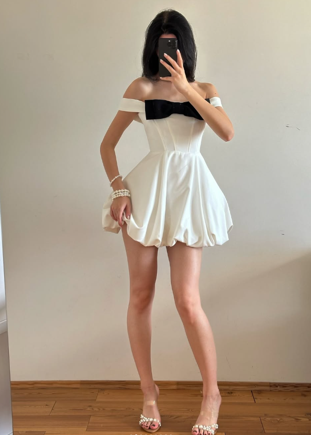 Cute Bow A Line Off the Shoulder White Satin Short Homecoming Dress Party Dress SH3959