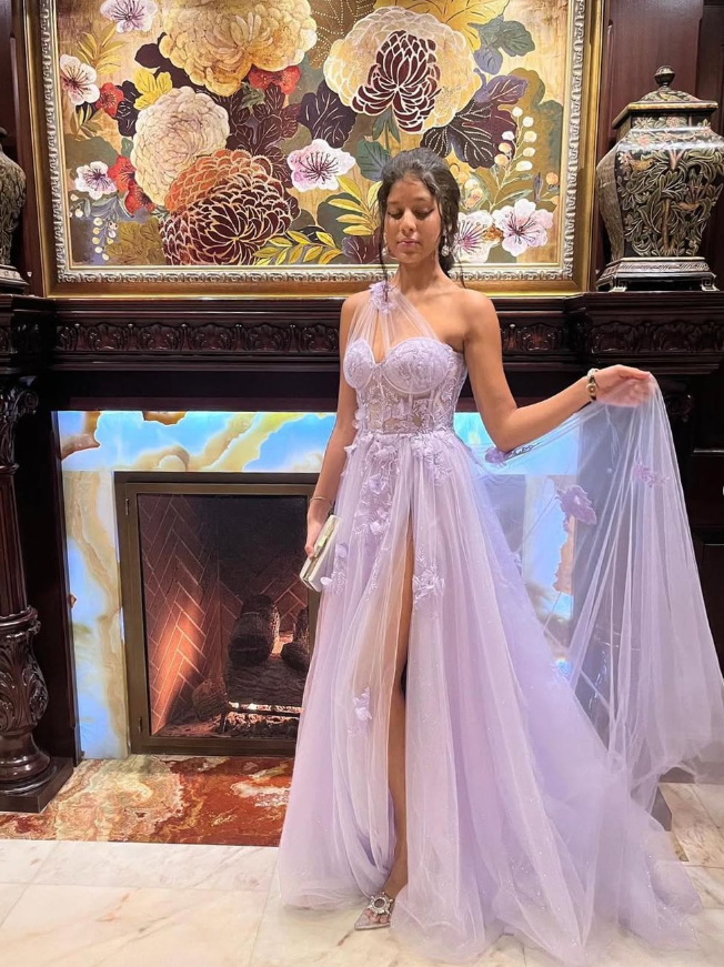 Dreamy A Line One Shoulder Corset Appliques Purple Tulle Prom Dress Evening Dress SH2194