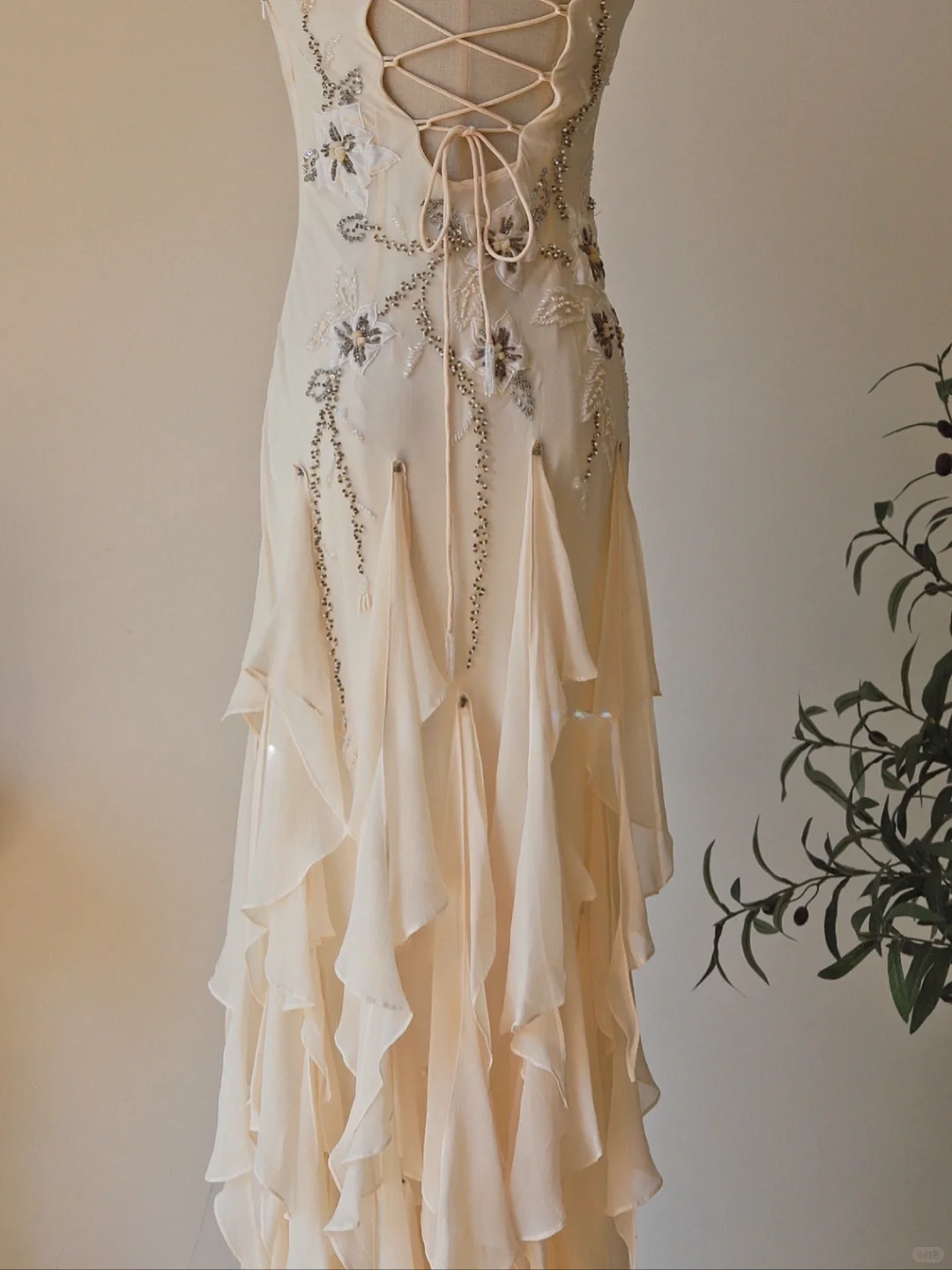 Apricot Mermaid Spaghetti Strap Embroidered Beaded Ruffle Chiffon Prom Dress Formal Dress SH3882