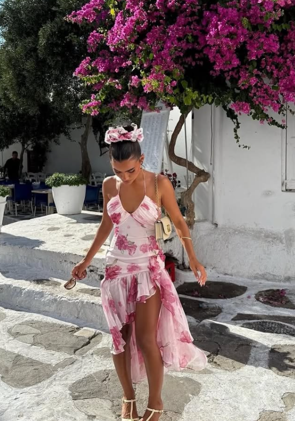 Pink Print Floral A Line Straps Ruffle Chiffon Prom Dress Party Dress SH4020