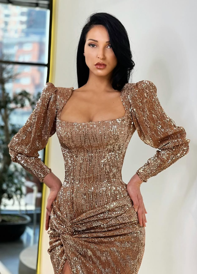 Shiny Dark Champagne Sheath Long Sleeve Sequin Prom Dress Evening Dress with Slit SH6124