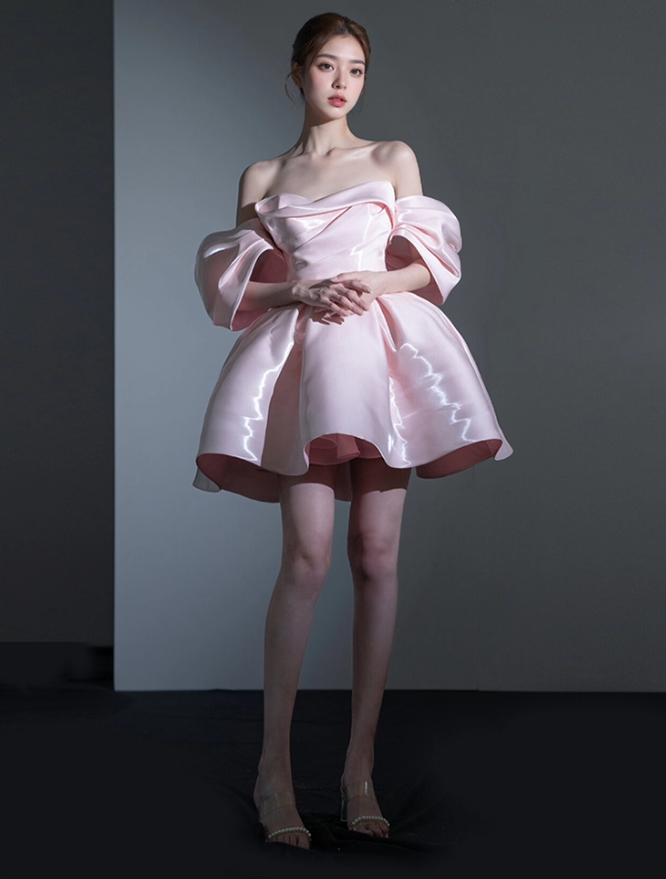 Stunning A Line Off the Shoulder Pink Satin Short Homecoming Dress Birthday Dress SH4156