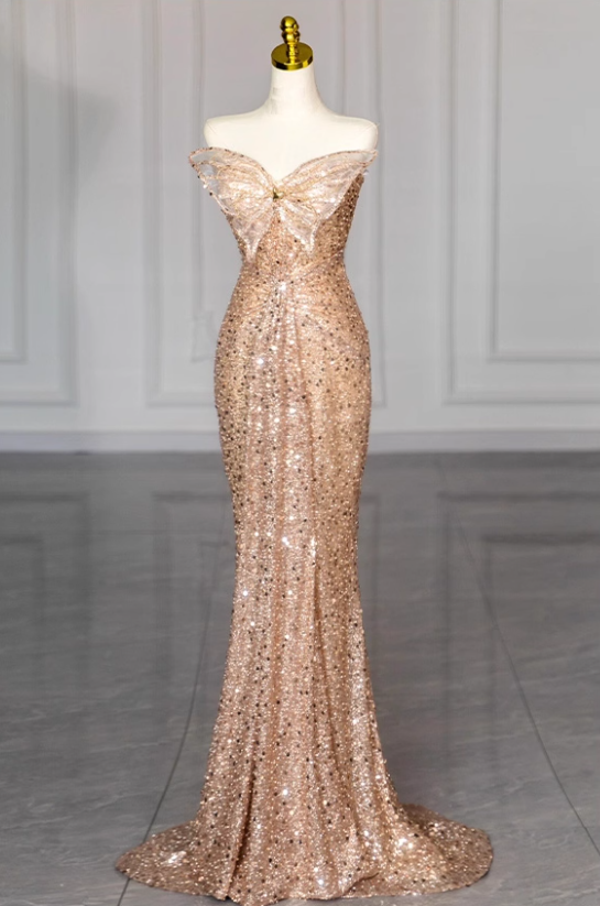 Golden Butterfly Mermaid Strapless Sequin Prom Dress Party Dress SH4076