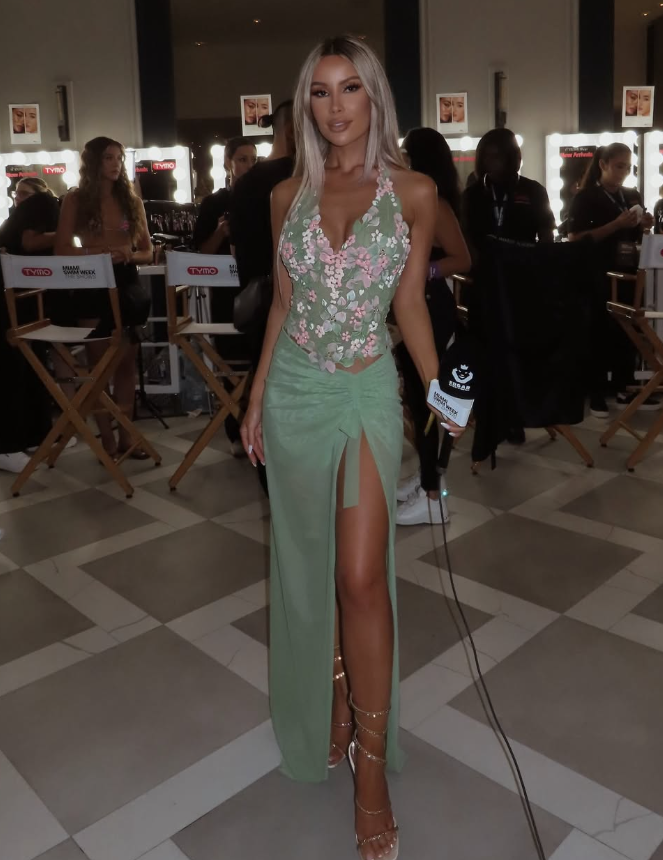 Green Two Piece V Neck Floral Tulle Open Back Prom Dress Evening Dress SH4043
