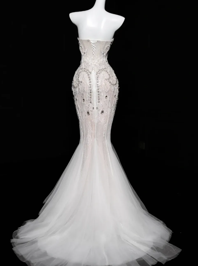 Charming Mermaid Strapless Rhinestone White Tulle Long Prom Dress SH3244