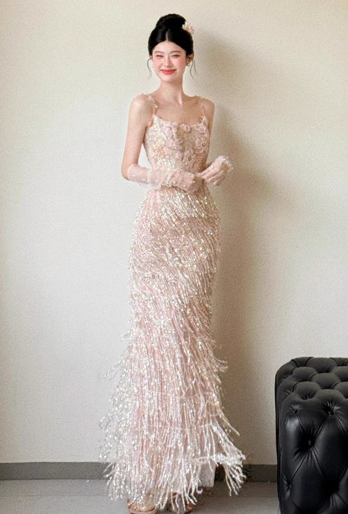Exquisite Sheath Spaghetti Strap Beaded Tulle Prom Dress Evening Dress Party Dress SH4091