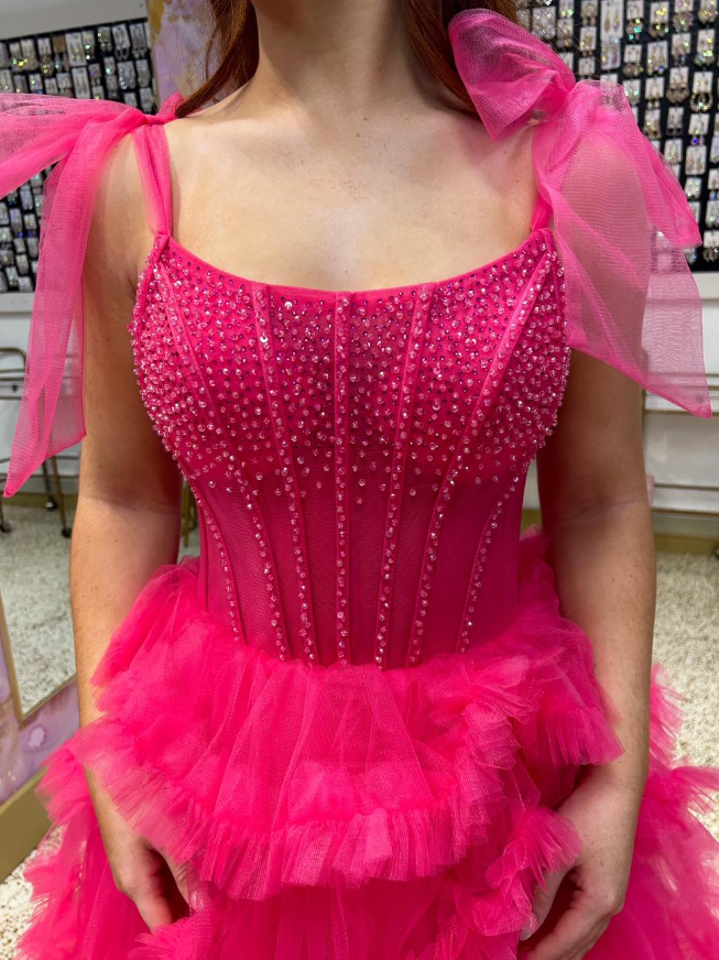 Cute Hot Pink A Line Spaghetti Strap Beaded Layered Tulle Long Prom Dress Evening Dress SH6808