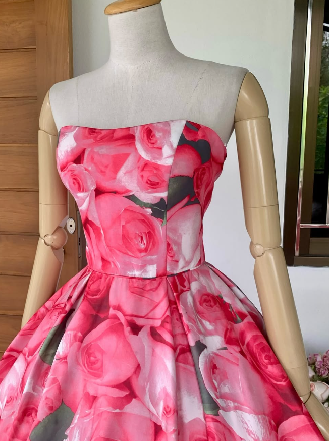 Vintage Pink A Line Strapless Print Flower Satin Prom Dress Evening Dress SH2292